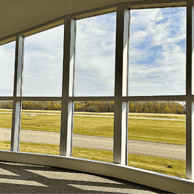 The large window at the top of the observation platform offers a great view of the Ashland County airport runway.