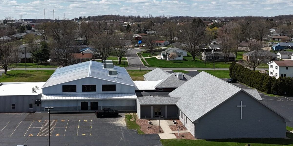 An aerial view of the east side of the Westwood Alliance Church exterior in Ontario, Ohio.