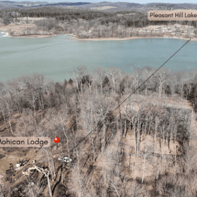 Aerial view directional drilling under Pleasant Hill Lake from Mohican State Lodge to campground.