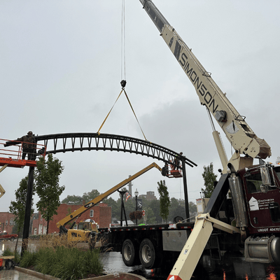 Simonson Construction's crane installing a decorative arch in downtown Shelby, Ohio.