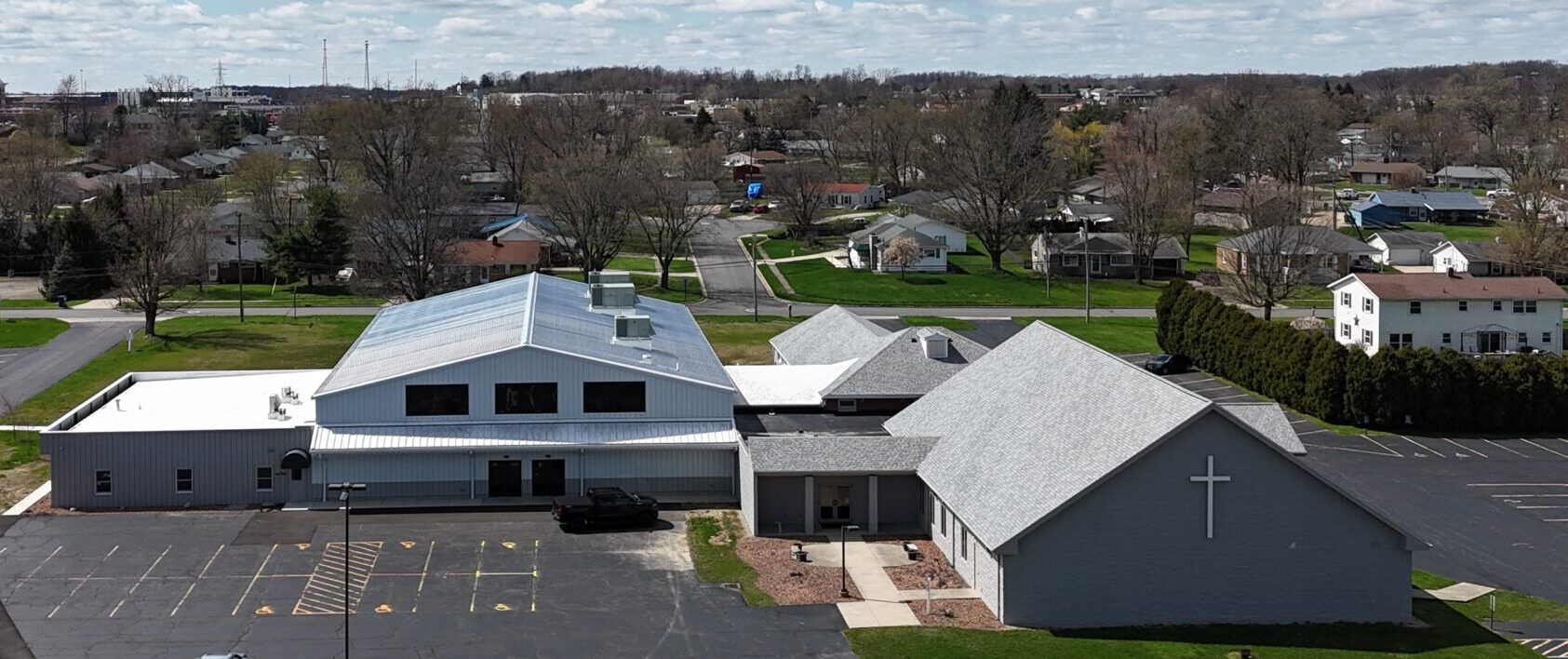 An aerial view of the east side of the Westwood Alliance Church exterior in Ontario, Ohio.