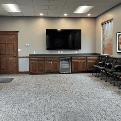 A new meeting space with black conference rolling chairs accommodates twenty people during Ashland County Community Foundation gatherings and events.