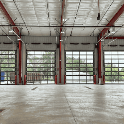 The glass doors on the northwest side of the Plymouth Fire Station offer an ample source of natural light into the facility.