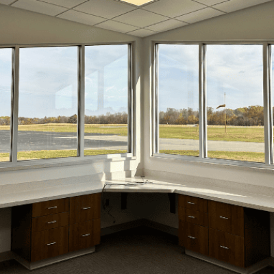 Terminal operations take place at the northeast corner of the new Ashland County airport terminal building.