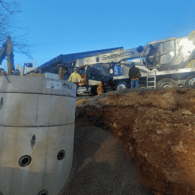 New lift station installed at Mohican State Lodge to pump wastewater from a lower elevation to a higher elevation.