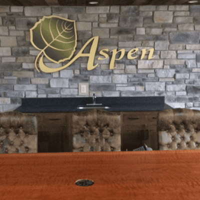Aspen Management conference room with tufted chairs, stone veneer wall, built-in cabinetry, and gold Aspen logo mounted above a sink.
