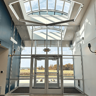 The main entrance of the Ashland County airport terminal features a dome skylight, providing ample natural light in the new building.
