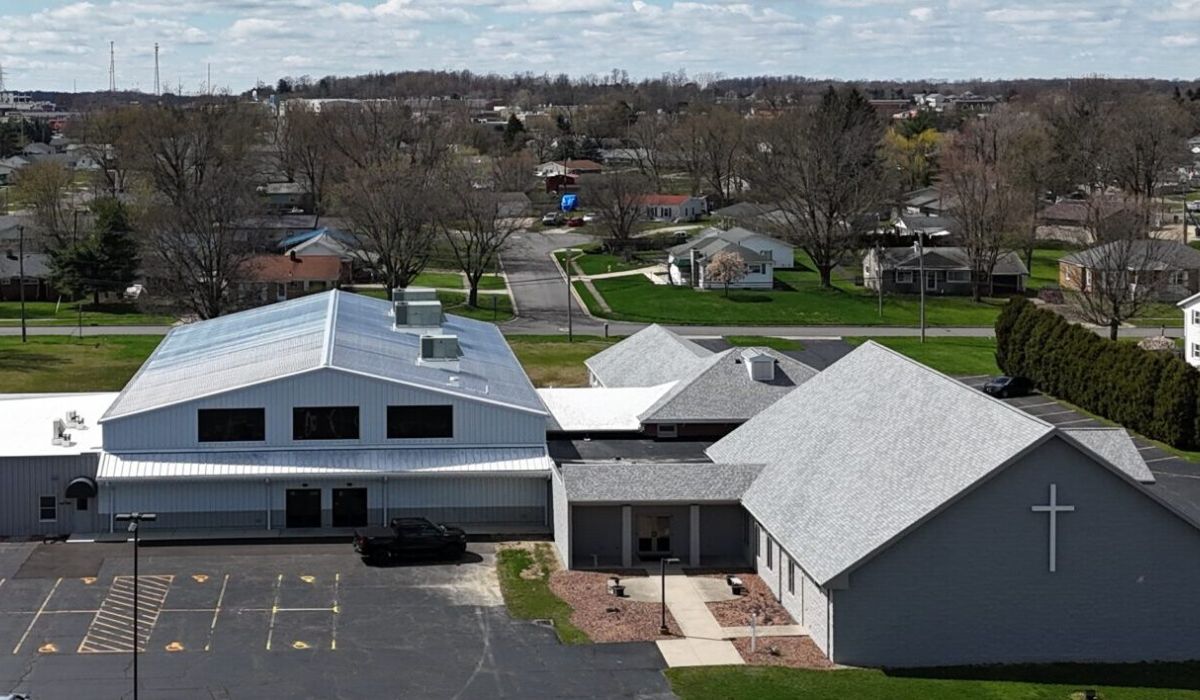 An aerial view of the east side of the Westwood Alliance Church exterior in Ontario, Ohio.