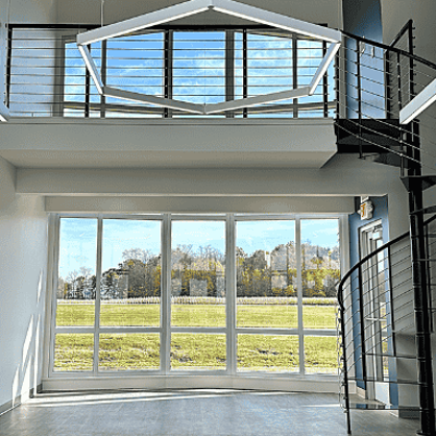 The Ashland County airport runway is easily viewed through the large window across from the building's main entrance.