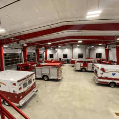 The firetrucks and ambulances housed at the Plymouth Fire Station are protected by the elements in the new 11,300 SF facility.