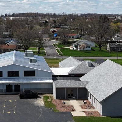 An aerial view of the east side of the Westwood Alliance Church exterior in Ontario, Ohio.