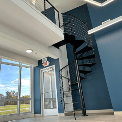 The observation platform in the new Ashland County airport terminal building can be accessed by a black spiral staircase.