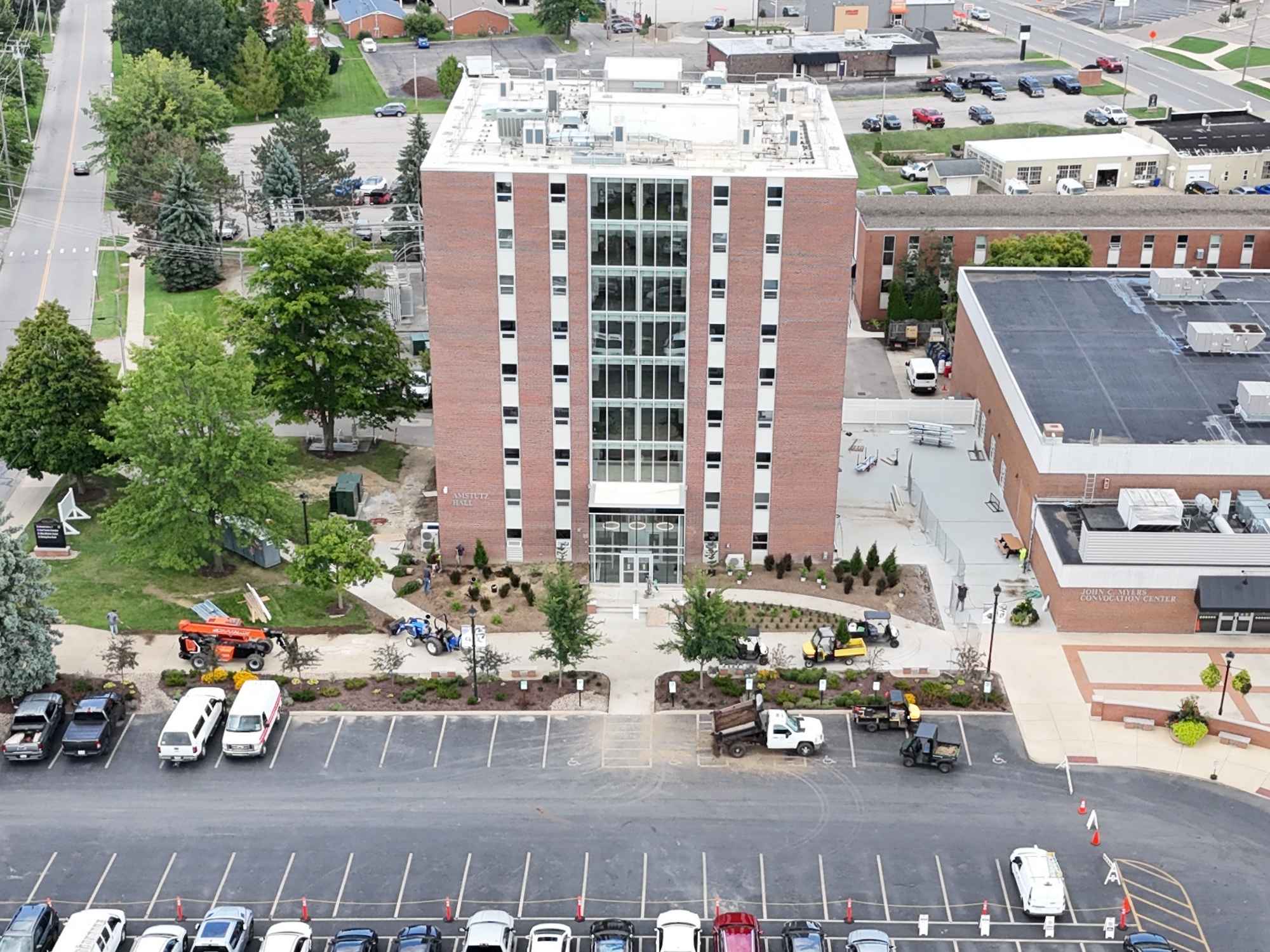 An aerial picture of a nine-story dorm building on Ashland University campus.