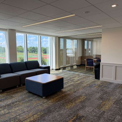 Students sitting in the Amstutz Hall study lounge have views of the track across the road.