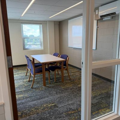 Natural light flows through the study room at Ashland University Amstutz Dormitory