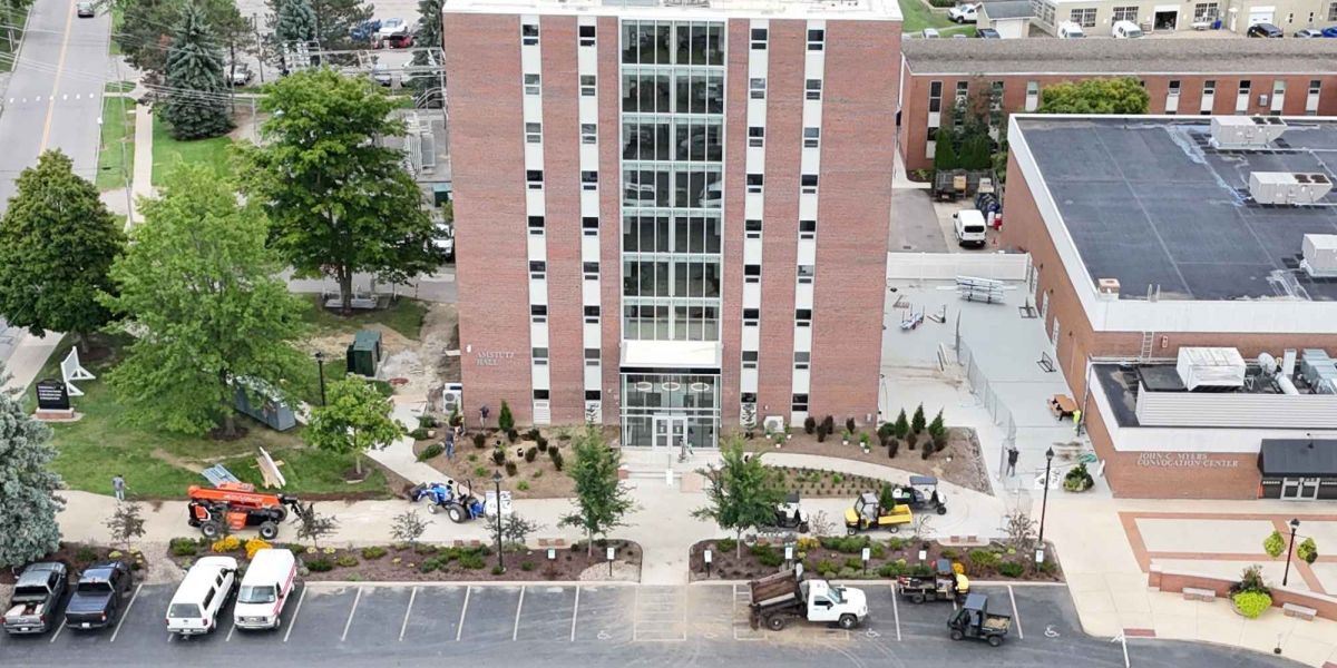 An aerial picture of a nine-story dorm building on Ashland University campus.