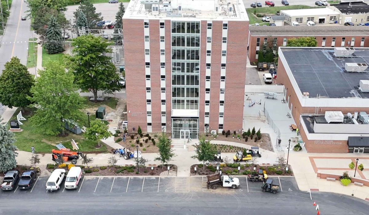 An aerial picture of a nine-story dorm building on Ashland University campus.