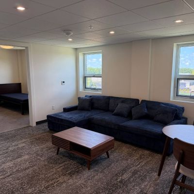 Ashland University Amstutz Hall seniors enjoy fully furnished living quarters, complete with plush furniture.