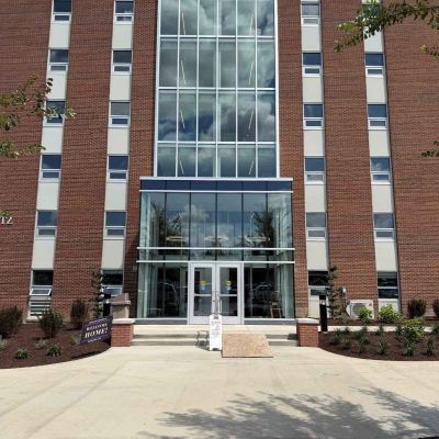 The exterior of Amstutz Hall includes a nine-story curtain wall that allows natural light to flow in.